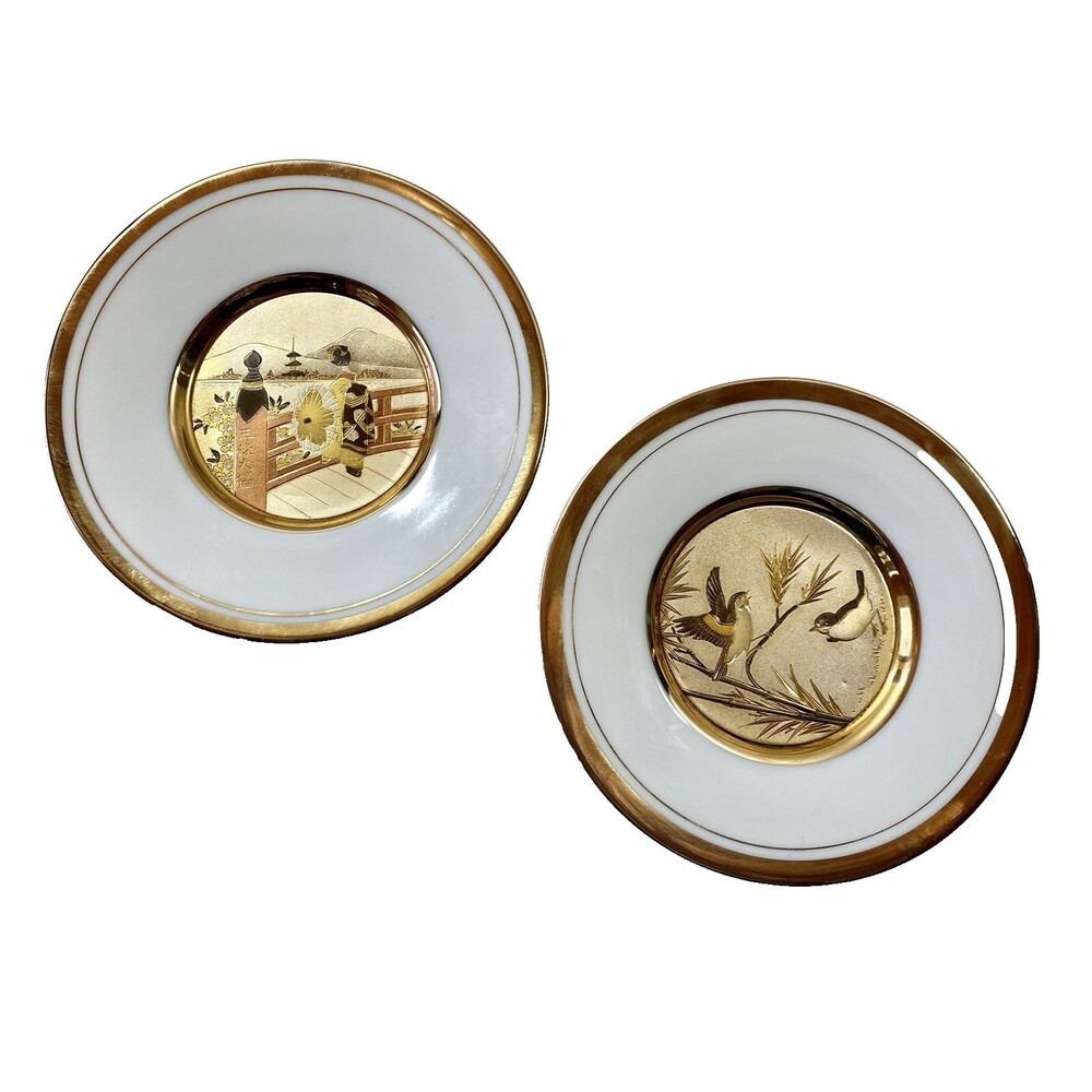 2 -The Art of Chokin 24Kt Gold Edged Plates Gilded Collector Birds Geisha Scene